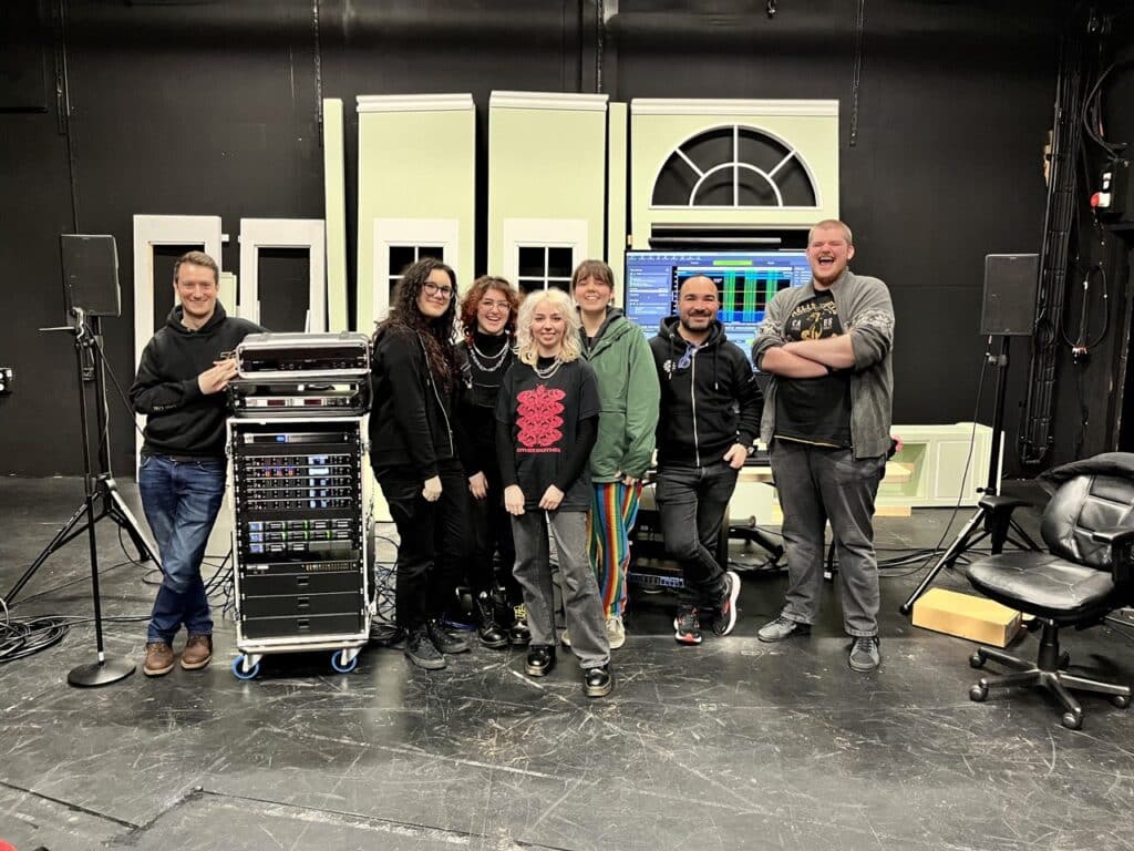 Members of the teams from Autograph, Shure and LAMDA - where the latest wireless microphone technology has been adopted