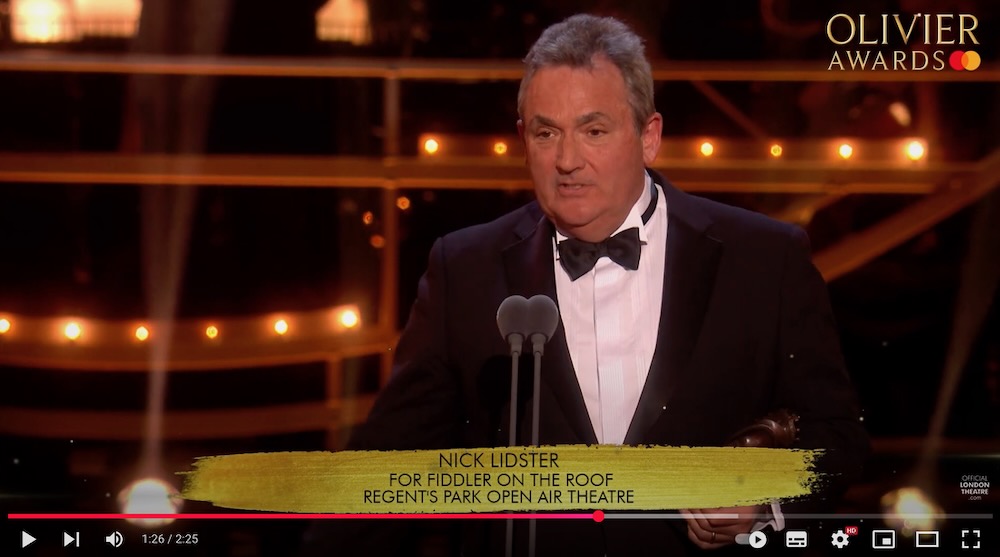 Nick Lidster, winner of the Best Sound Design award for "Fiddler On The Roof", gives his acceptance speech at The Olivier Awards 2025 with Mastercard